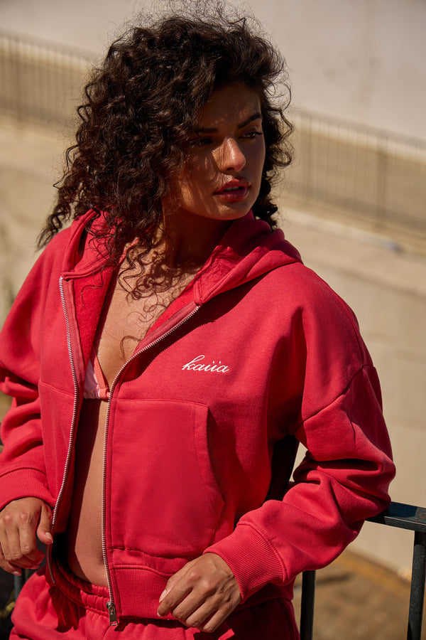 Kaiia Script Oversized Zip Through Hoodie Chilli Red