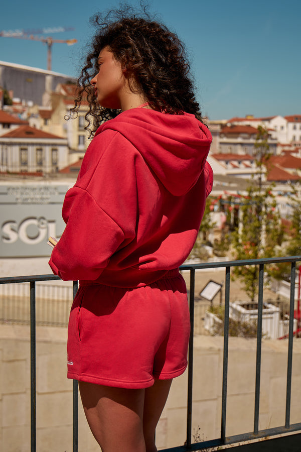 Kaiia Script Oversized Zip Through Hoodie Chilli Red