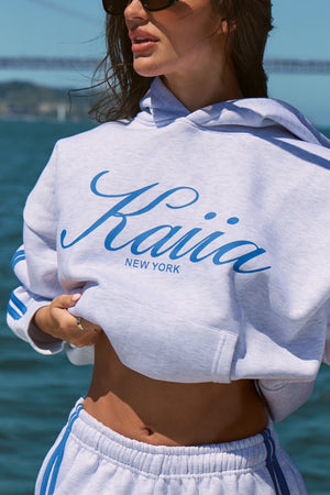 Kaiia Sports Stripe Script Hoodie Light Grey Marl & Broadway Blue