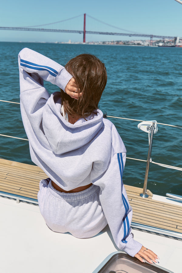 Kaiia Sports Stripe Script Hoodie Light Grey Marl & Broadway Blue