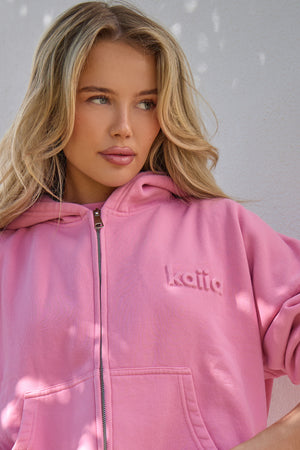 Kaiia Embossed Zip Through Hoodie Washed Bubblegum Pink
