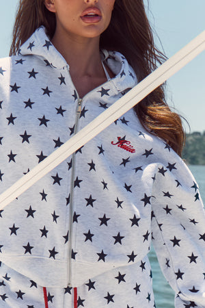 Kaiia Star Print Zip Through Oversized Hoodie Light Grey Marl