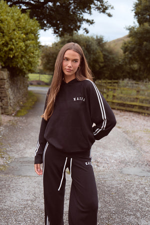 Kaiia Lightweight Knit Oversized Side Stripe Hoodie Black & White