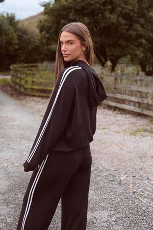 Kaiia Lightweight Knit Oversized Side Stripe Hoodie Black & White