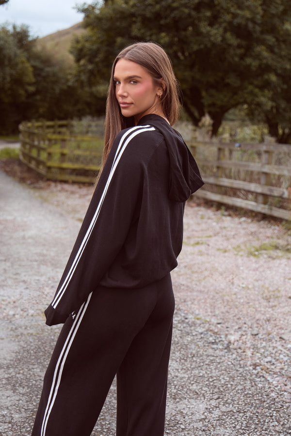 Kaiia Lightweight Knit Oversized Side Stripe Hoodie Black & White