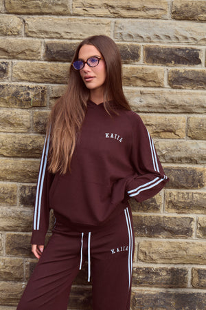 Kaiia Lightweight Knit Oversized Side Stripe Hoodie Chocolate & Baby Blue
