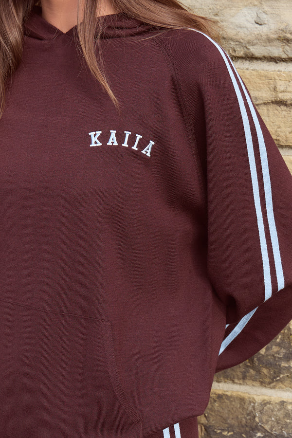 Kaiia Lightweight Knit Oversized Side Stripe Hoodie Chocolate & Baby Blue