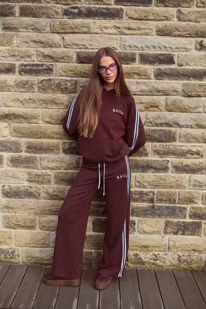 Kaiia Lightweight Knit Oversized Side Stripe Hoodie Chocolate & Baby Blue