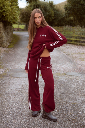 Kaiia Lightweight Knit Oversized Side Stripe Hoodie Dark Cherry & Cream