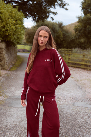 Kaiia Lightweight Knit Oversized Side Stripe Hoodie Dark Cherry & Cream