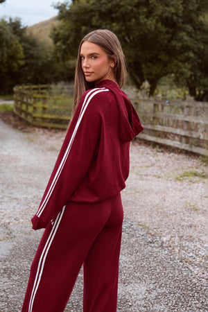 Kaiia Lightweight Knit Oversized Side Stripe Hoodie Dark Cherry & Cream