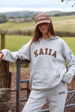 Kaiia Knit Logo Oversized Hoodie Grey & Chocolate