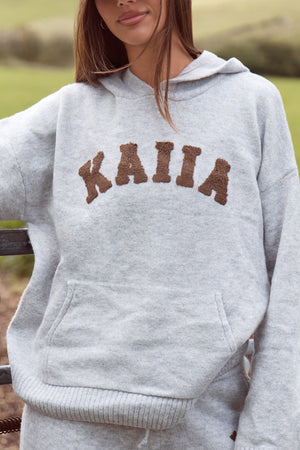 Kaiia Knit Logo Oversized Hoodie Grey & Chocolate
