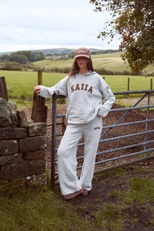 Kaiia Knit Logo Oversized Hoodie Grey & Chocolate