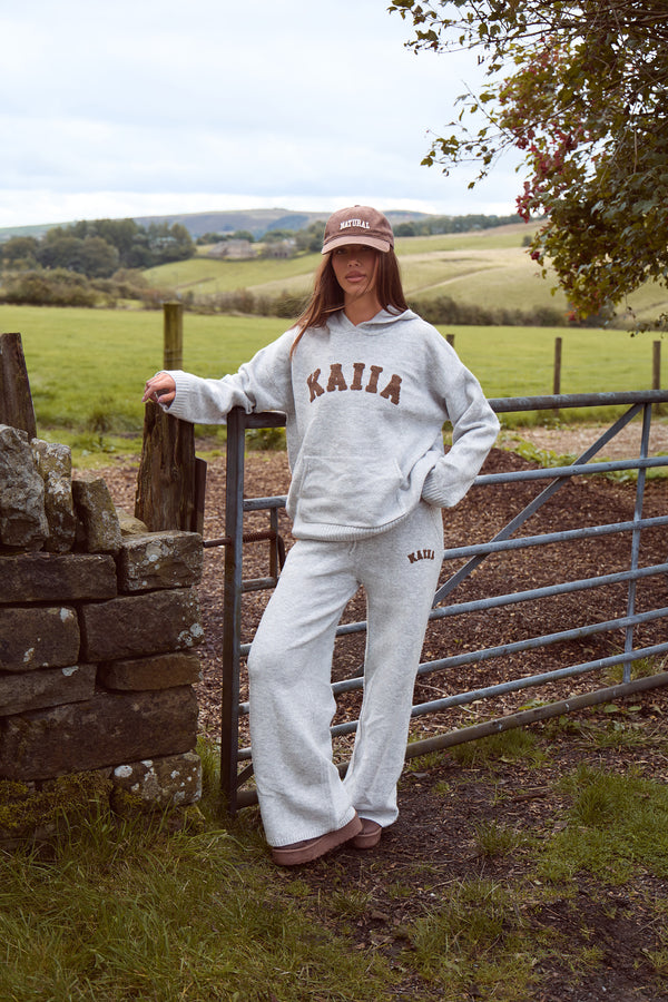 Kaiia Knit Logo Oversized Hoodie Grey & Chocolate