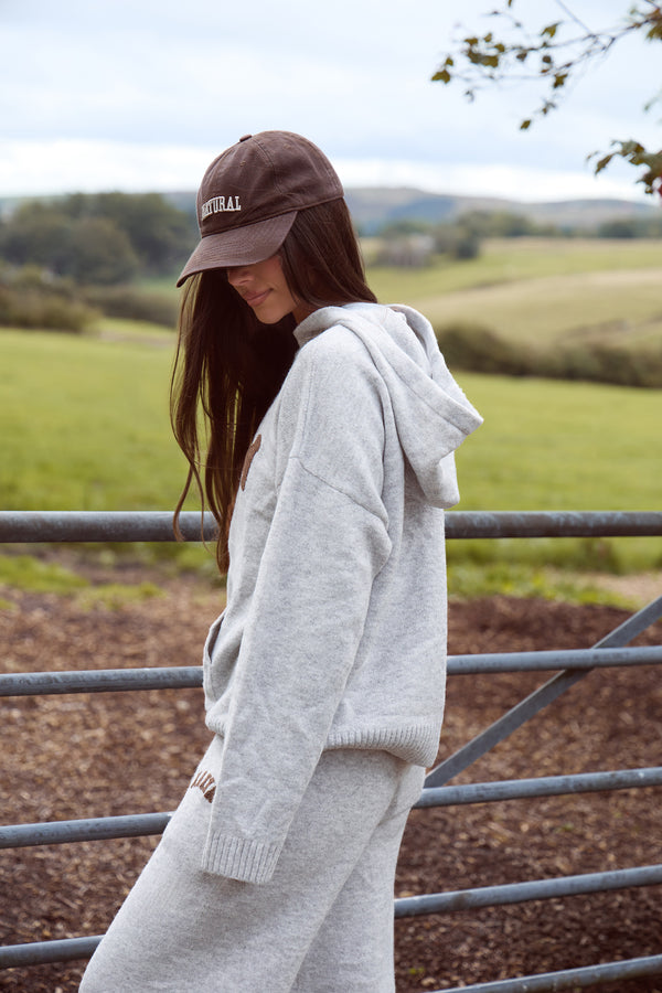 Kaiia Knit Logo Oversized Hoodie Grey & Chocolate