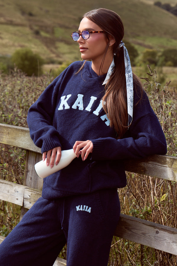 Kaiia Knit Logo Oversized Hoodie Navy & Baby Blue