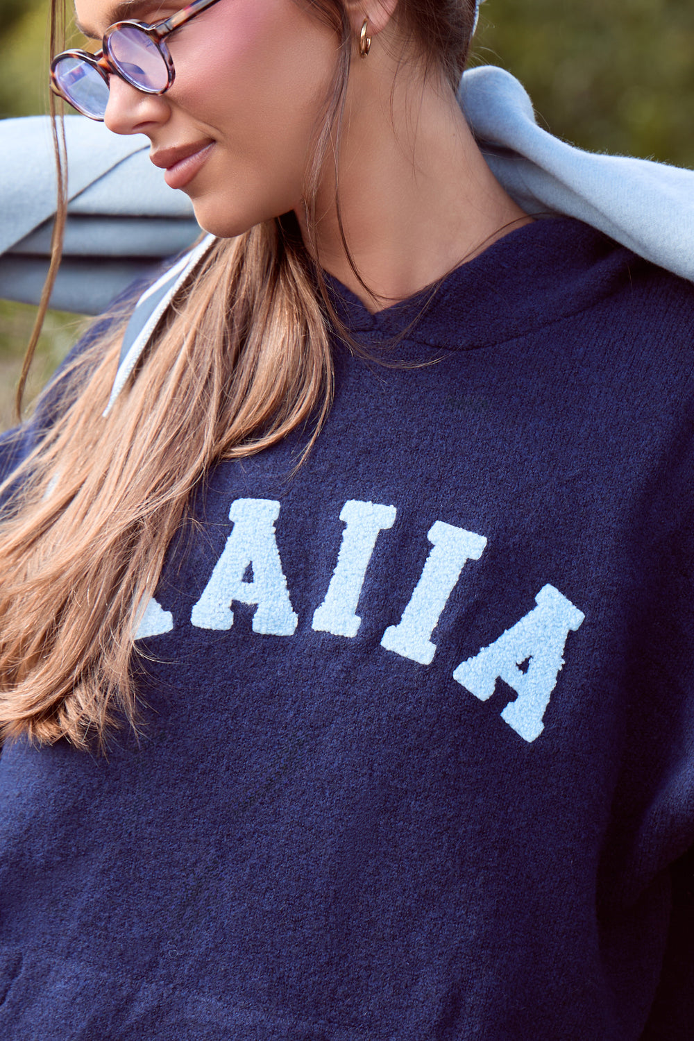 Kaiia Knit Logo Oversized Hoodie Navy & Baby Blue