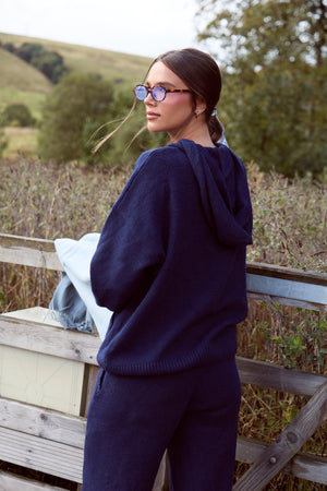 Kaiia Knit Logo Oversized Hoodie Navy & Baby Blue