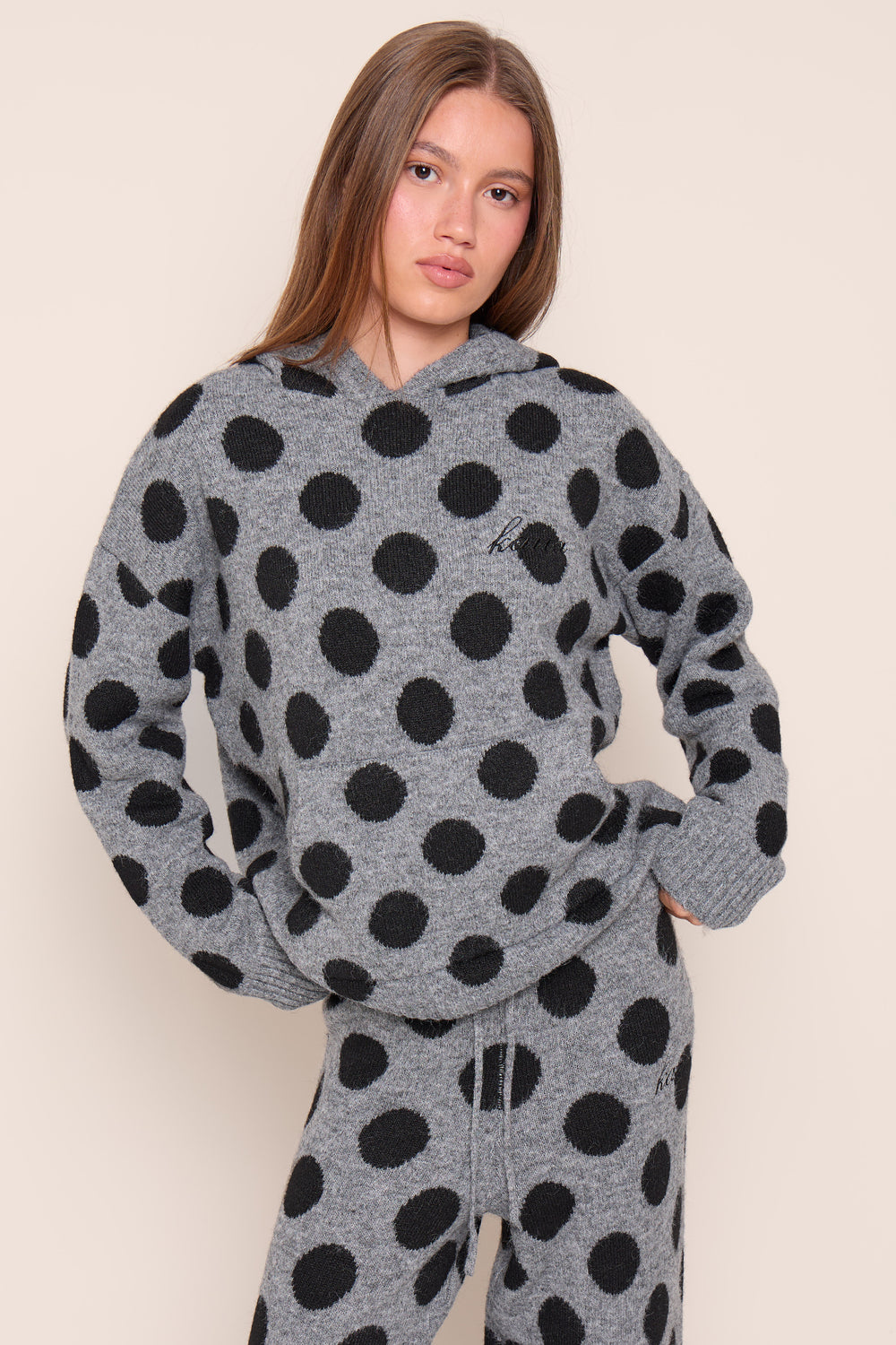 Kaiia Knit Polka Dot Oversized Hoodie Grey & Black
