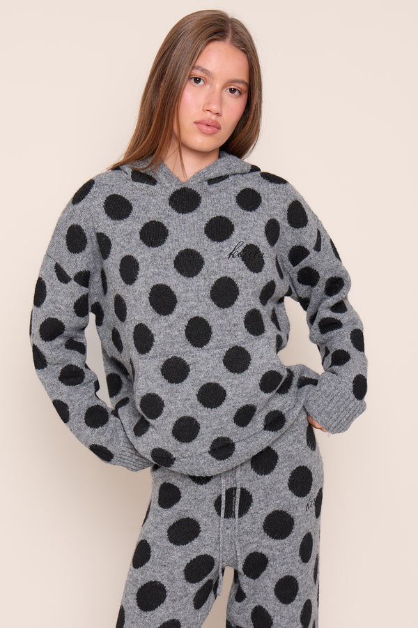 Kaiia Knit Polka Dot Oversized Hoodie Grey & Black