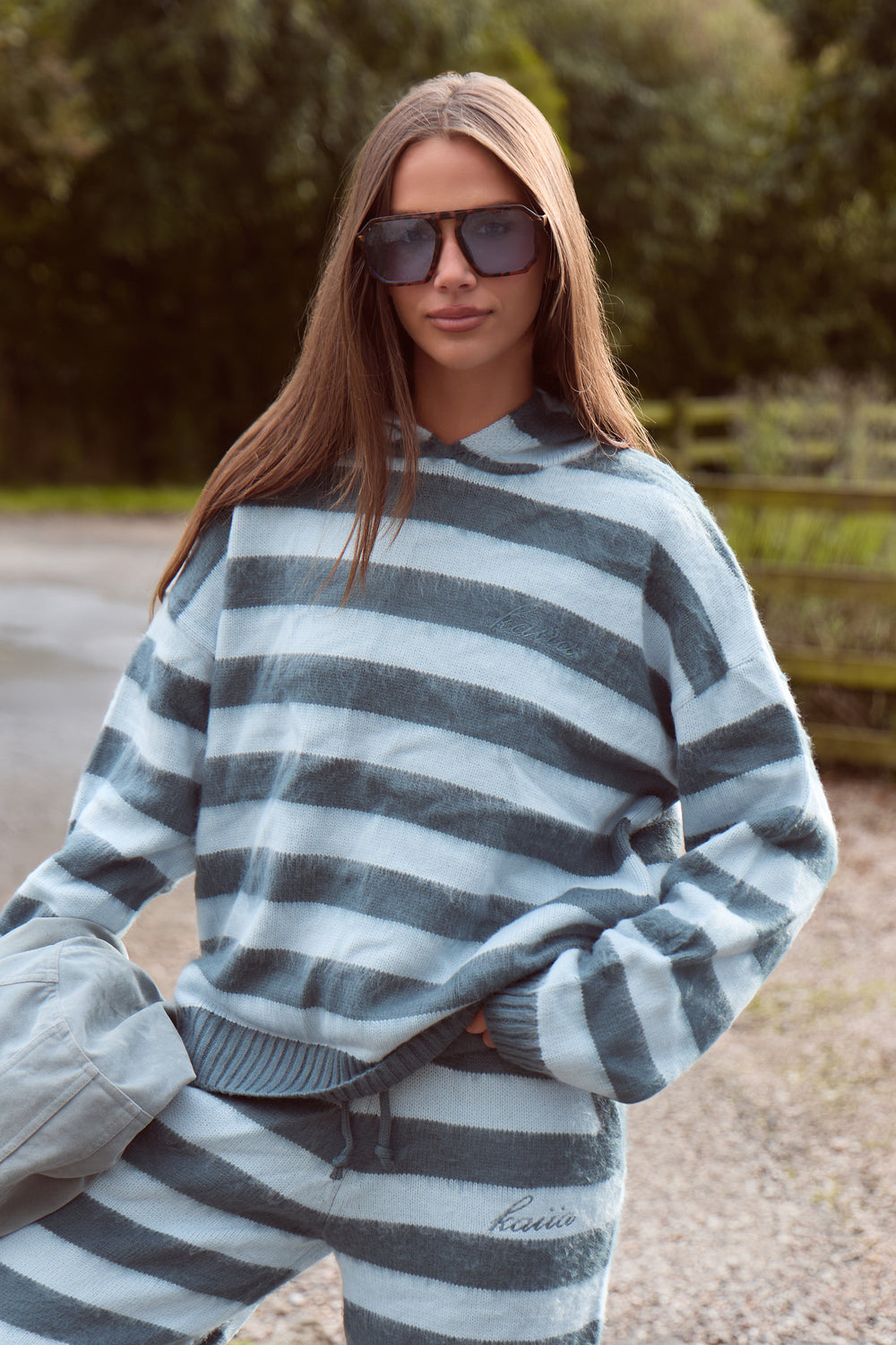 Kaiia Knit Striped Oversized Hoodie Blue & Turquoise