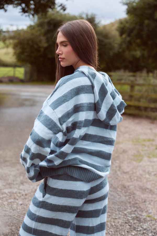Kaiia Knit Striped Oversized Hoodie Blue & Turquoise