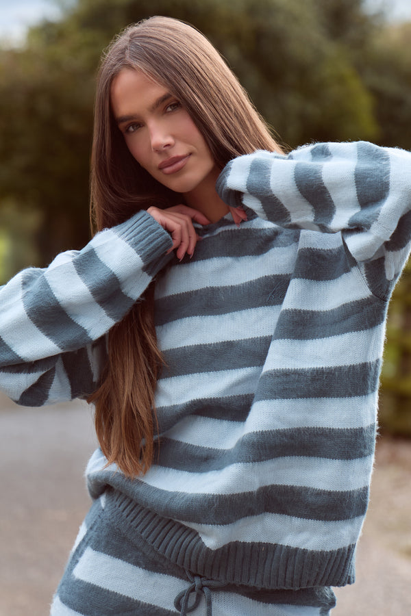 Kaiia Knit Striped Oversized Hoodie Blue & Turquoise