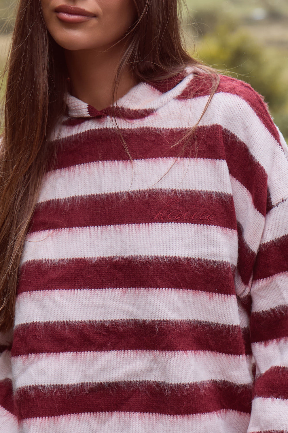 Kaiia Knit Striped Oversized Hoodie Dark Cherry & Pink