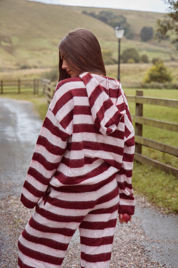 Kaiia Knit Striped Oversized Hoodie Dark Cherry & Pink
