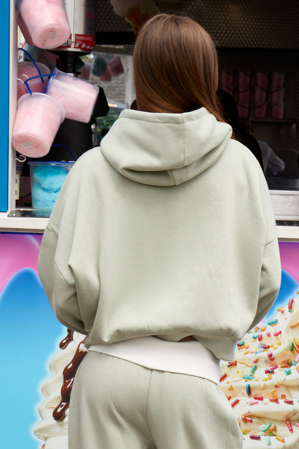 Kaiia Cropped Zip Through Hoodie Soft Sage & Cream