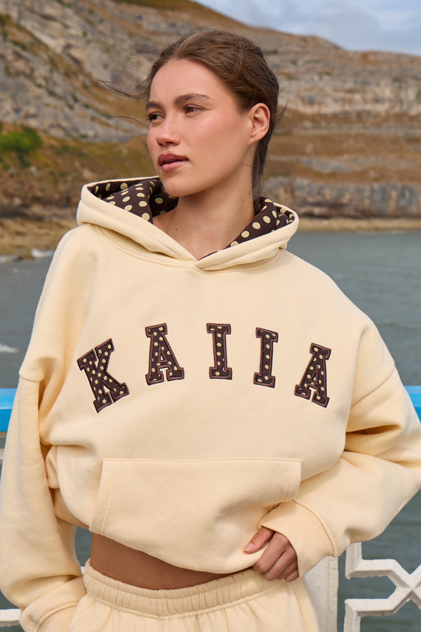 Kaiia Polka Dot Detail Oversized Hoodie Warm Yellow & Berry Brown