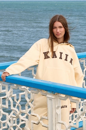 Kaiia Polka Dot Detail Oversized Hoodie Warm Yellow & Berry Brown