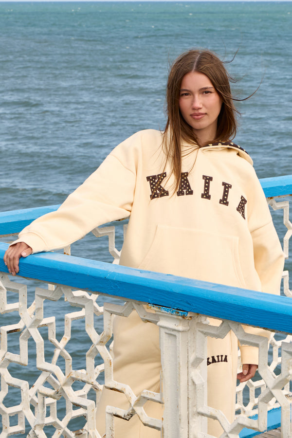 Kaiia Polka Dot Detail Oversized Hoodie Warm Yellow & Berry Brown