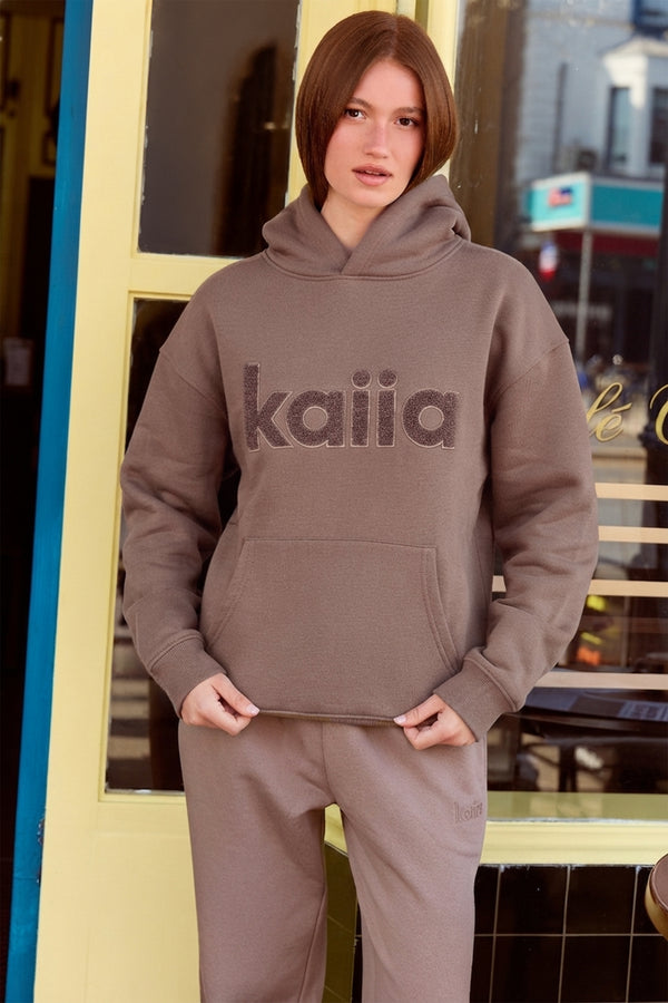 Kaiia Borg Logo Oversized Hoodie Mink Brown