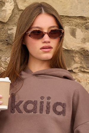 Kaiia Borg Logo Oversized Hoodie Mink Brown