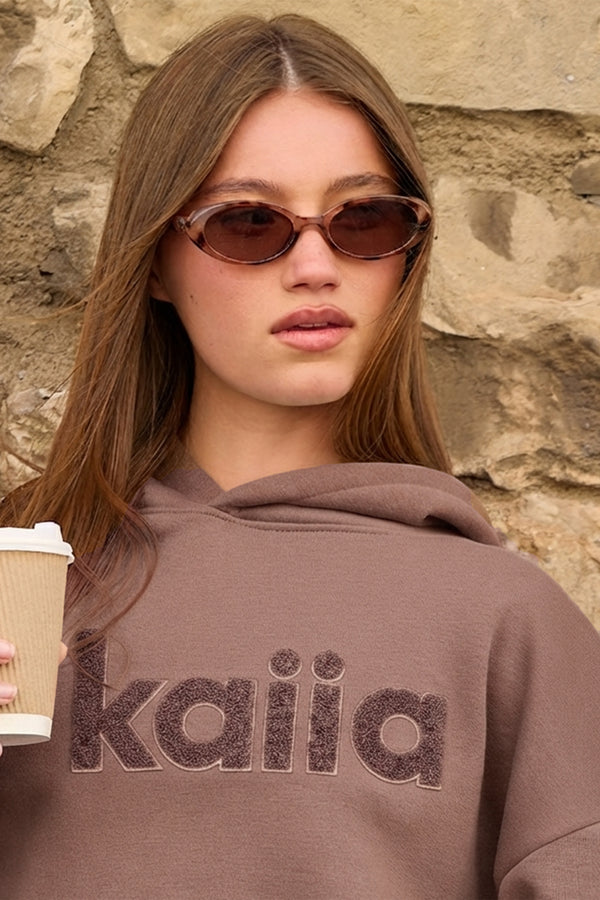 Kaiia Borg Logo Oversized Hoodie Mink Brown