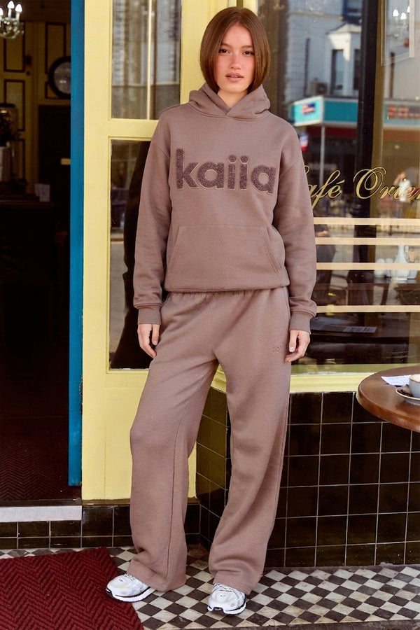 Kaiia Borg Logo Oversized Hoodie Mink Brown