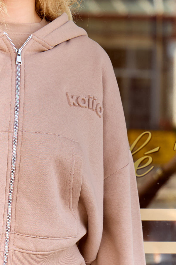 Kaiia Embossed Logo Oversized Zip Through Hoodie Walnut Brown