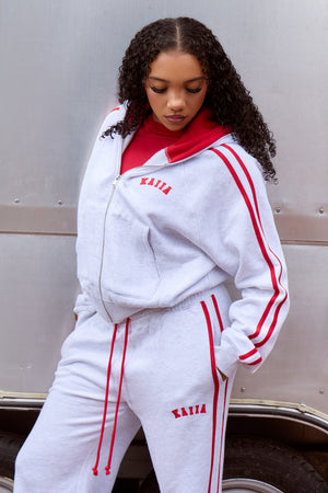 Kaiia Sport Side Stripe Oversized Zip Through Hoodie Light Grey Marl & Sport Red