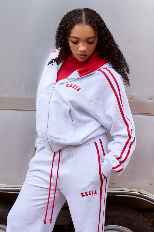 Kaiia Sport Side Stripe Oversized Zip Through Hoodie Light Grey Marl & Sport Red