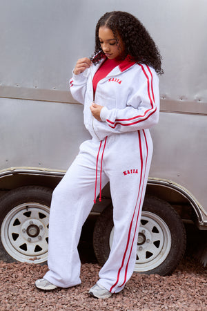 Kaiia Sport Side Stripe Oversized Zip Through Hoodie Light Grey Marl & Sport Red