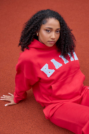 Kaiia Slogan Oversized Hoodie Sport Red & Dusty Blue