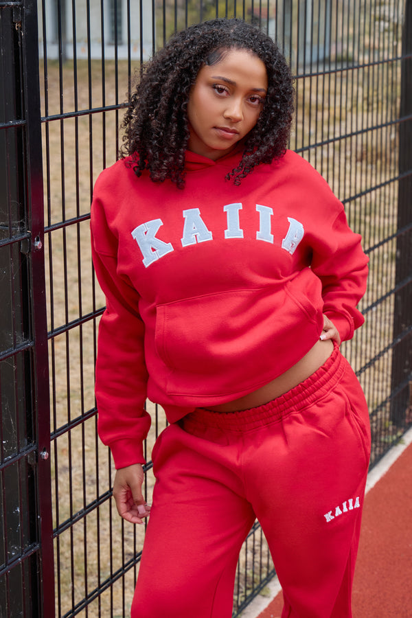Kaiia Slogan Oversized Hoodie Sport Red & Dusty Blue