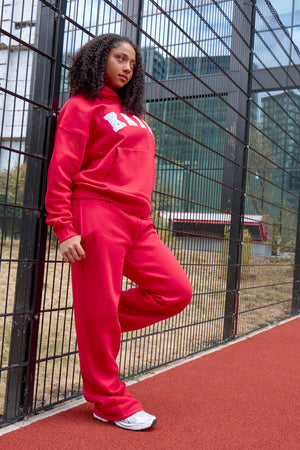 Kaiia Slogan Oversized Hoodie Sport Red & Dusty Blue
