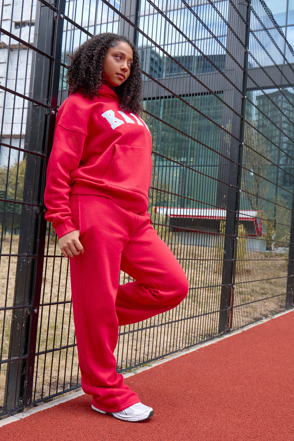 Kaiia Slogan Oversized Hoodie Sport Red & Dusty Blue