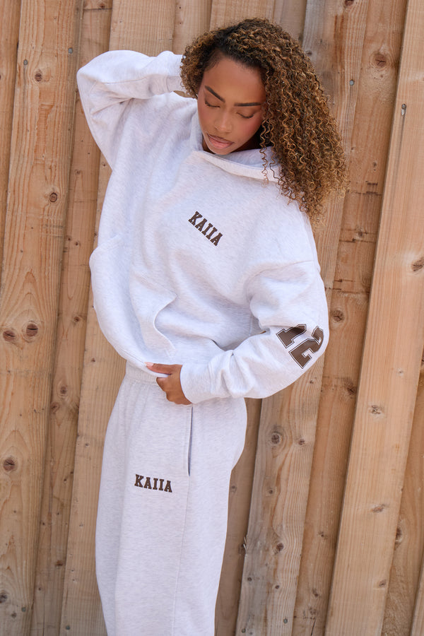 Kaiia 12 Sport Graphic Oversized Hoodie Light Grey Marl & Dusty Brown