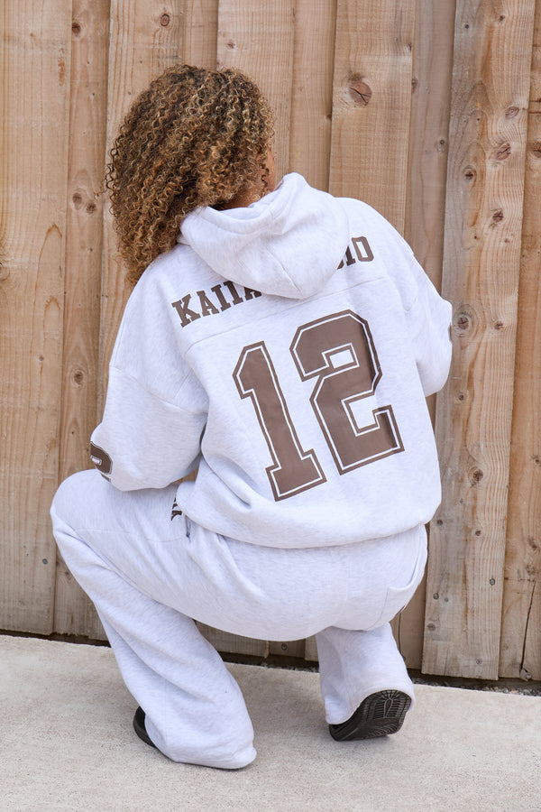 Kaiia 12 Sport Graphic Oversized Hoodie Light Grey Marl & Dusty Brown
