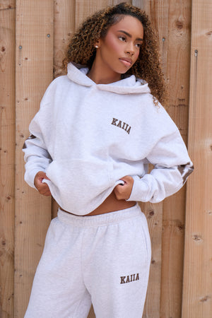 Kaiia 12 Sport Graphic Oversized Hoodie Light Grey Marl & Dusty Brown