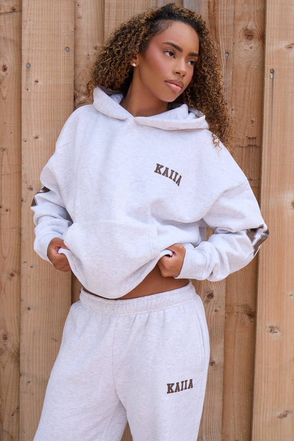 Kaiia 12 Sport Graphic Oversized Hoodie Light Grey Marl & Dusty Brown
